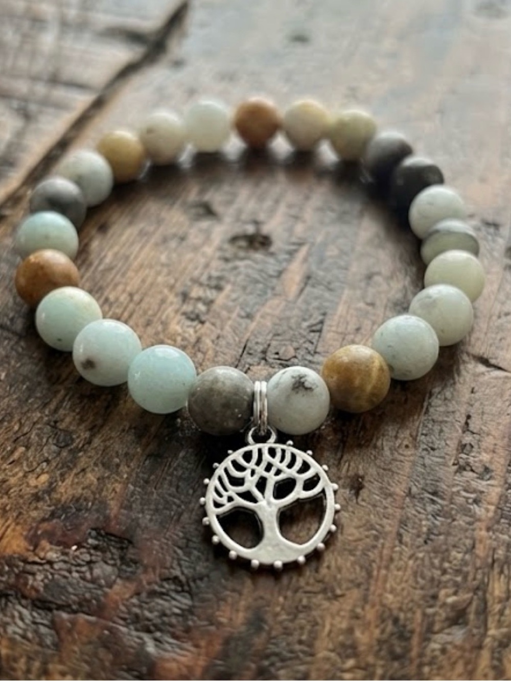 Beaded Amazonite Stretch Bracelet with Tree of Life Charm - Multi-Color